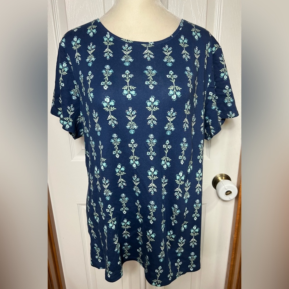 Croft & Barrow Top T Shirt Blouse Cotton Short Sleeve Blue Floral 2X(Like 1X)
